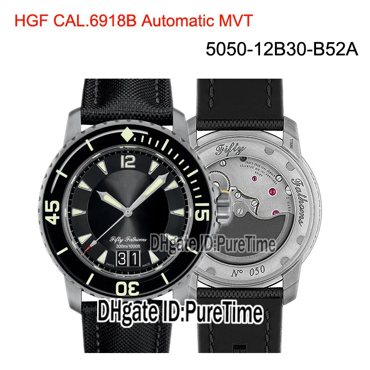 Nuovo HGF Fifty Fathoms Grande Date 5050-12B30-B52A Black Titanium Cal.6918B Orologio da uomo automatico Quadrante nero Cinturino in tela di vela Puretime BP01a1