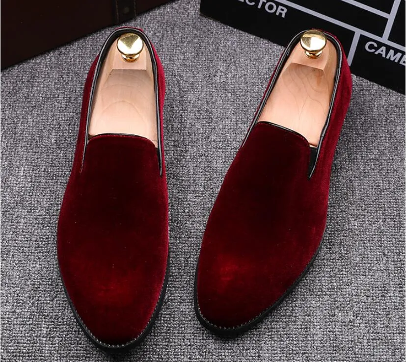 Black And Red Velvet Slip On Mens Suede Dress Shoes For Men
