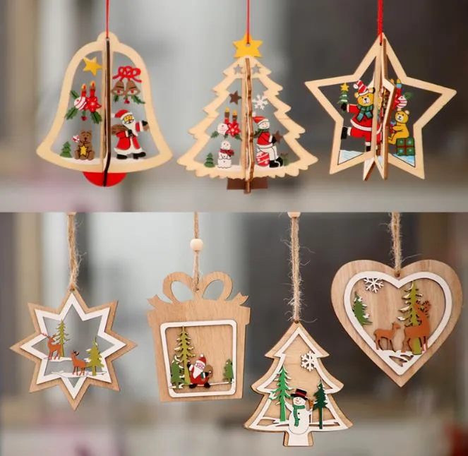 Albero di Natale in legno Ornamenti appesi Decorazioni alce Cervo pupazzo di neve Babbo Natale Snowfake Pendenti con motivo Rustic Home Window Decor Crafts