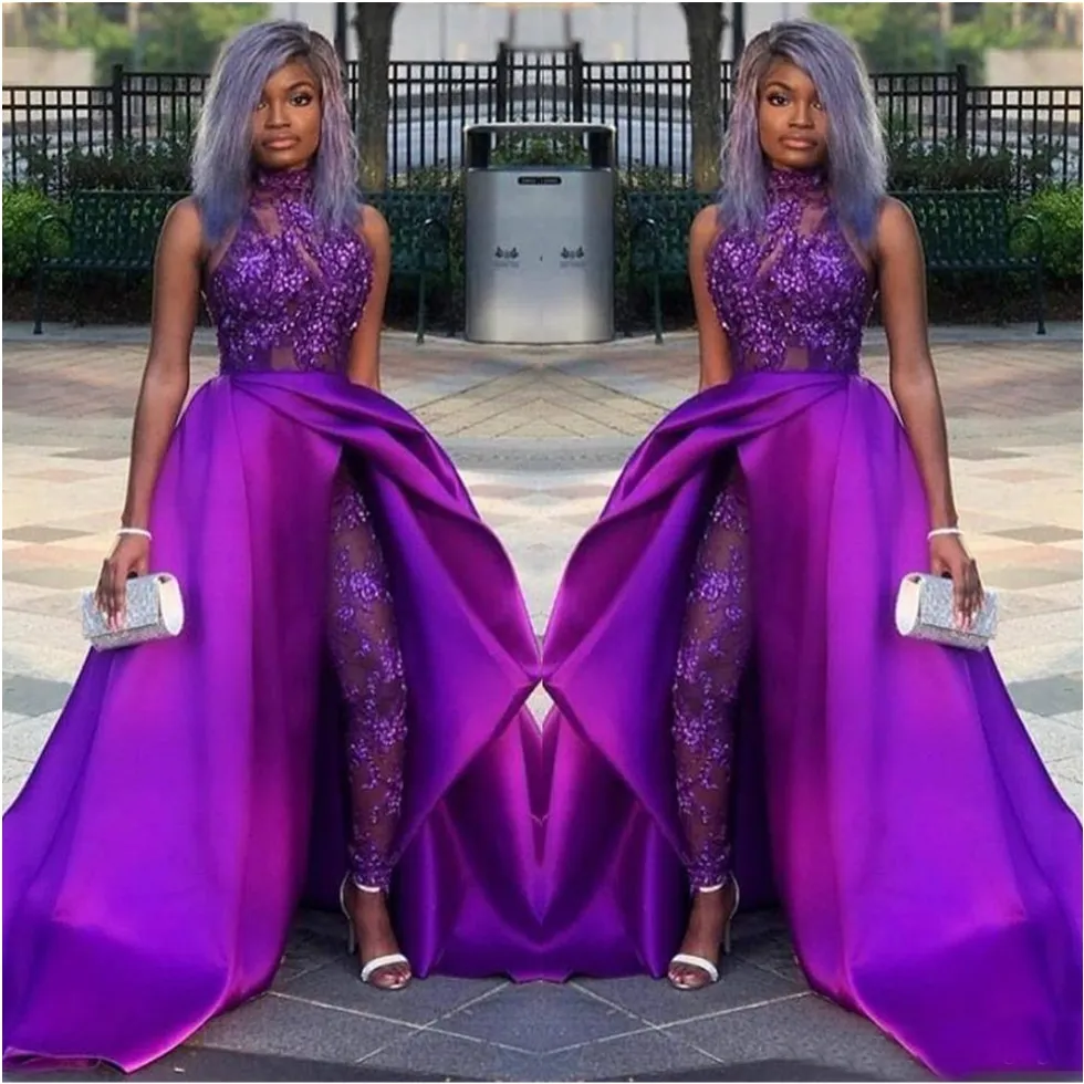 2020 koronkowe aplikacje z koralików suknie wieczorowe luksusowe afrykańskie przyjęcie spodnie damskie garnitury klasyczne kombinezony suknie balowe z odpinanym pociągiem na szyję