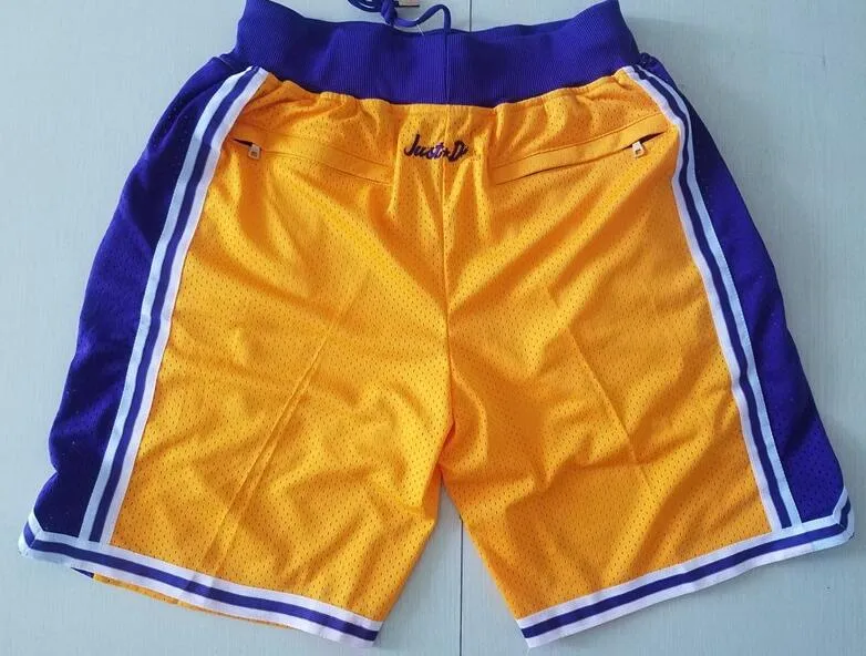 Nytt team 96-97 Vintage BaseKetball Shorts Zipper Pocket Running kläder Purple and Yellow Color Black Just Done Size S-XXL