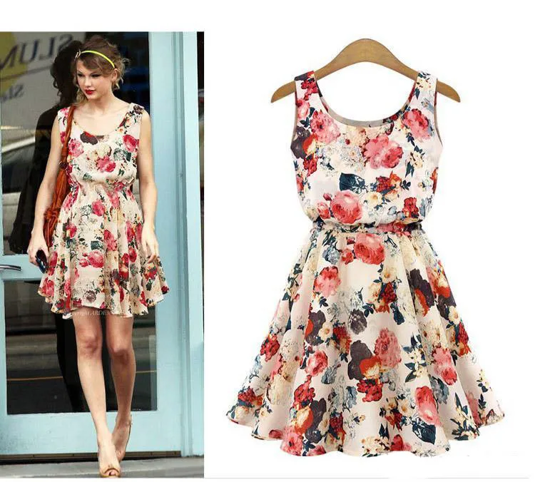 Vrouwen zomerjurk boho nieuwe abrikozen mouwloze o-neck bloemen print geplooide feest clubkleding formele jurk