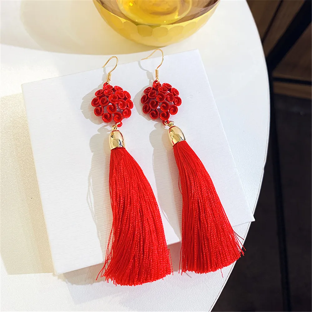Fashion-Traditional Chinese Red Lantern Knot Fish Carp Long Tassel Earrings For Women Ear Rings Anillos Hoop Earrings Luxury Accessories