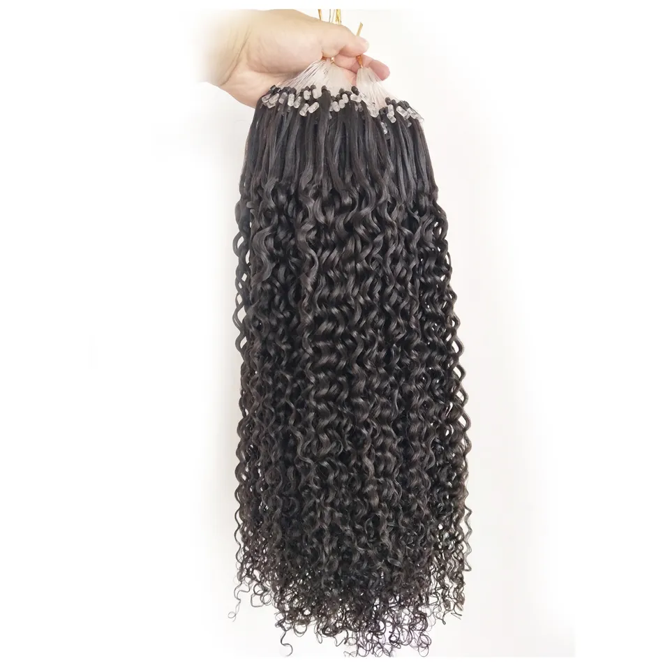Remy Brazilian Curly Micro Loop Human Hair Extension 1b Vågig 12-28inch 1g / Strand 100g / Pack Natural Black 8 Färger Valfritt billigt