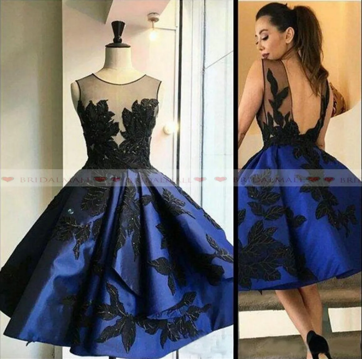 Chic 2020 Royal Blue Short Homecoming Dresses Sheer Neck Appliqued Satin Prom Dress 8th Gilrls Graduation Sexy Backless Cocktail Party Gowns