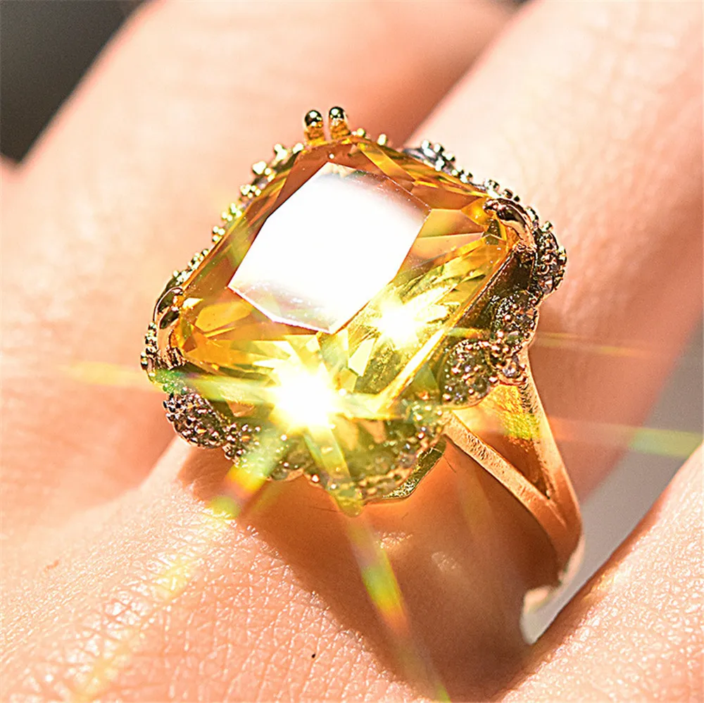 Big cocktail party citrine crystal ring women gemstone Zircon diamond bling white gold silver color finger band sizes 6-10205t