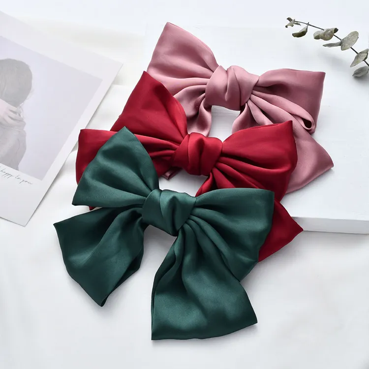 Kvinnor Silk Dubbel Satin Oversized Bow Hairpin Top Hair Clip Girls Solid Färg Elastisk Hårklipp Hårtillbehör Ny ankomst