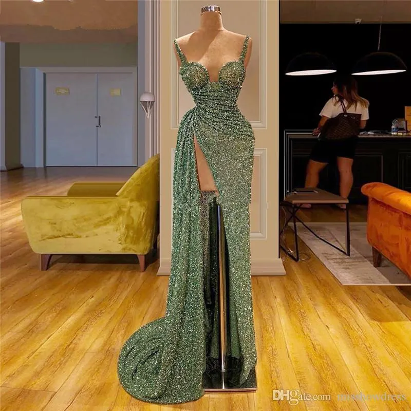 Green Spaghetti Straps Sequined High Side Split Mermaid Prom Dresses Long Reflective Ruched Sweep Train Formal Party Evening Gowns ogstuff