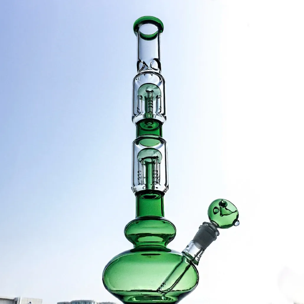 Blue Green Tall Big Bong Dab Rigs Water Pipes Double Tree Perc 18mm Joint Straight Tube Glass Bongs With Herb Grinders GB1218