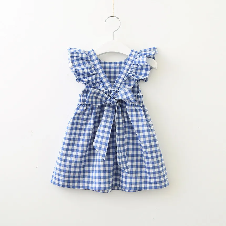 Baby Girls Dress Kids Plaid Backless Ruffle Sleeve Back Bow Cross Bomull Klänningar 2019 Ny Sommar Fahsion Barn Boutique Kläder 2 färger