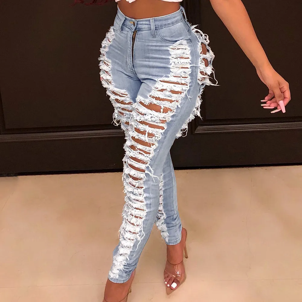 Kadınlar Seksi Yırtık Delik Kot Moda Rahat Yıkanmış Denim Pantolon Femme Yıkılan Yüksek Bel Skinny Kalem Pantolon Bodycon Pantolon