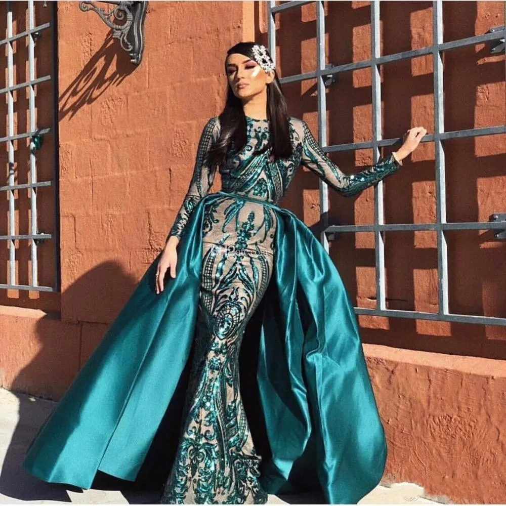 2020 błyszczący muzułmański suknie wieczorowe z odłączanym pociągiem Cekiną Dubai Długie rękawy Mermaid Prom Dress African Party Vestido Rats de Soirée