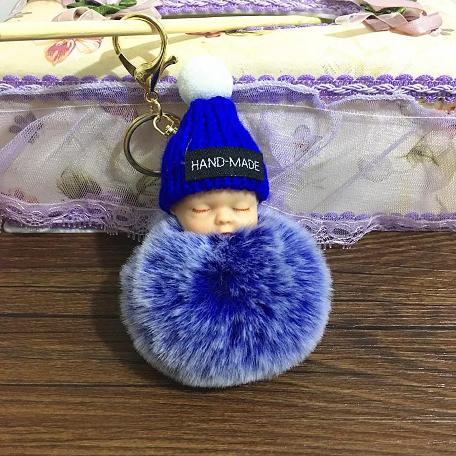 Cute Sleeping Baby Doll Keychain Pompom Rabbit Fur Ball Carabiner Key Chain Keyring Women Kids Key Holder Bag Pendant key Ring 000