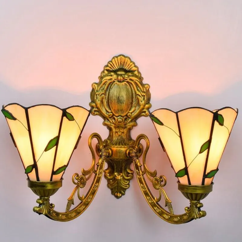 Double-headed coloured glass wall lights dining room corridor glass wall lamp tiffany style leaf deco wall light TF010