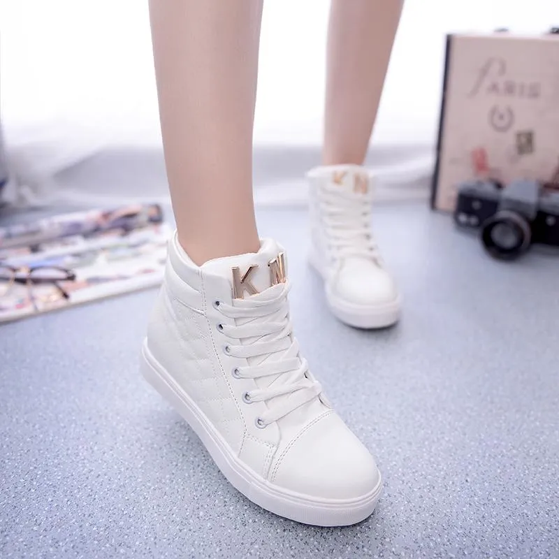 Hot Sale-Autumn Women Flats Shoes High Top Fashion Shoes Female Height Increasing Platform Women Sneakers