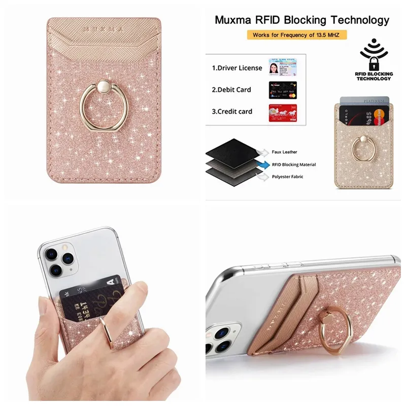 Supporto per anello in metallo Slot per schede 3M Pelle adesiva per iPhone La maggior parte del telefono Bling Glitter Stick universale su contanti ID Porta carte di credito Cover per Iphone 14 13 S23 S22