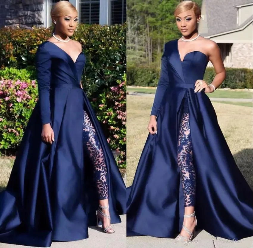 Elegant One Shoulder Long Sleeve Evening Dresses Pant Suits A Line Dark Navy Split Prom Party Gowns Jumpsuit Celebrity Dresses 1479