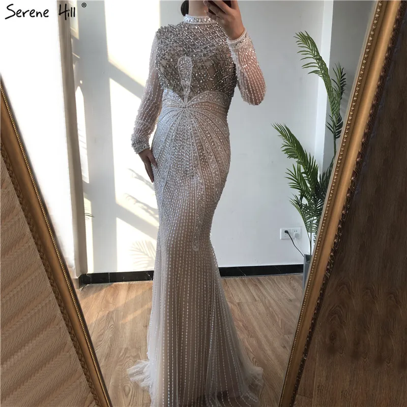 Party Dresses Dubai Luxury White Nude Mermaid Prom 2021 Long Sleeves