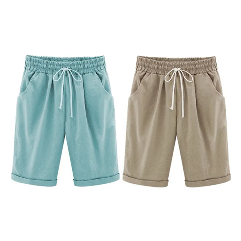 Sommar Kvinnor Kort Byxor Casual Linne Bomull Solid Färgbyxor Knä Längd Byxor Lady Shorts Plus Storlek S-8XL