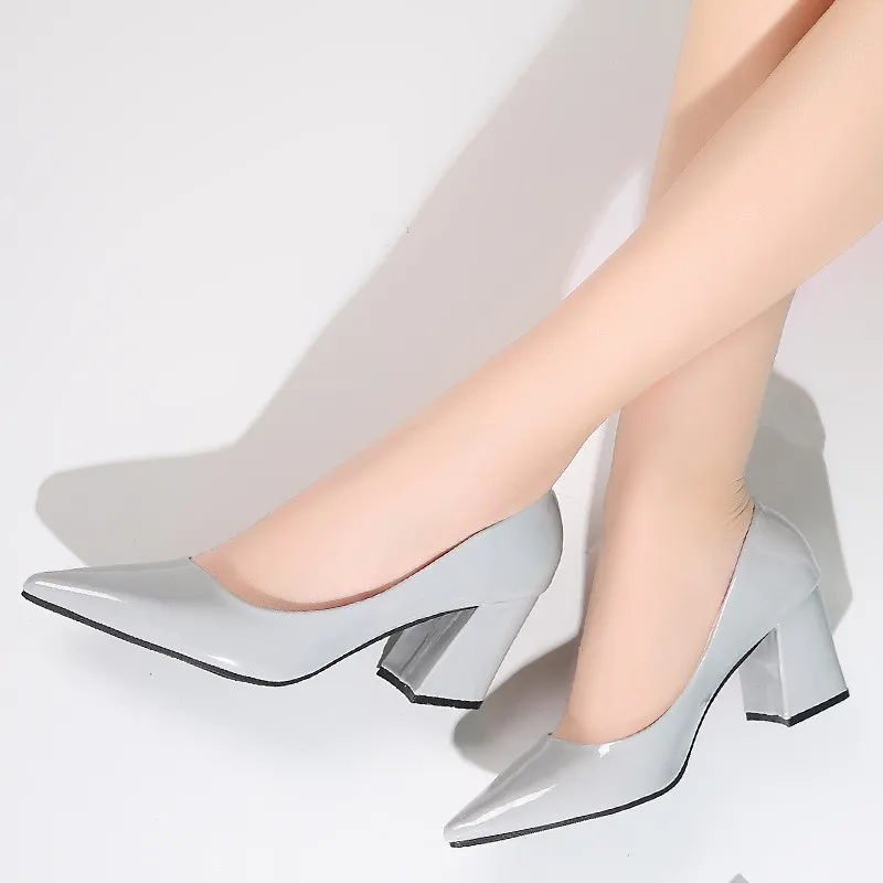 Hot Sale-Pointy Toe Heels Women Thick Heels Patent Leather Wedding Shoes Bride Block Heel Shoes 2019 Comfortable Lazy Shoes Women Pumps