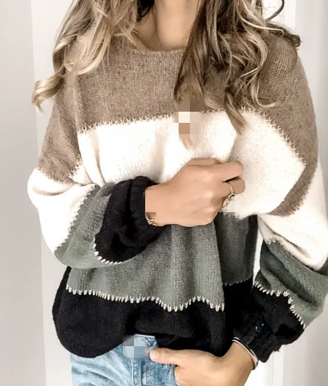 Kvinders Vinter Fleece Sweater Mode Patchwork Fluffy Tykk Sweater Varm Pullover med 7 Farver Sweater Asiatisk Størrelse S-5XL