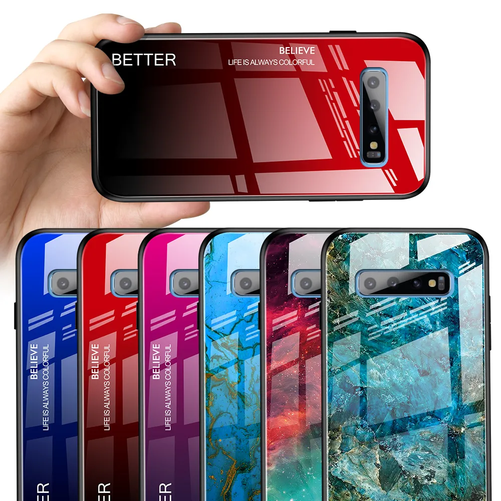 Slim Gradient Temperat Glass Telefonväska för Samsung Galaxy S10 Plus S10E S9 S9 + Not 9 Not10 Pro A70 A60 A40 A20E A10E