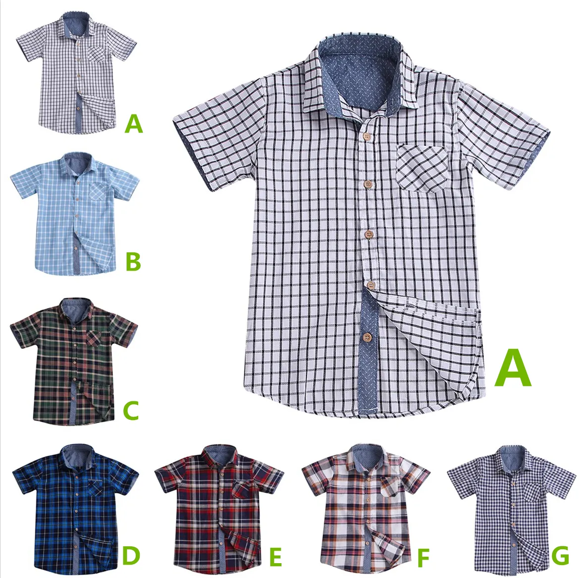 Summer kids boys plaid shirts short sleeves uniforms 7 colors checks big teens school classic tops clothes gentleman suit kid clothing