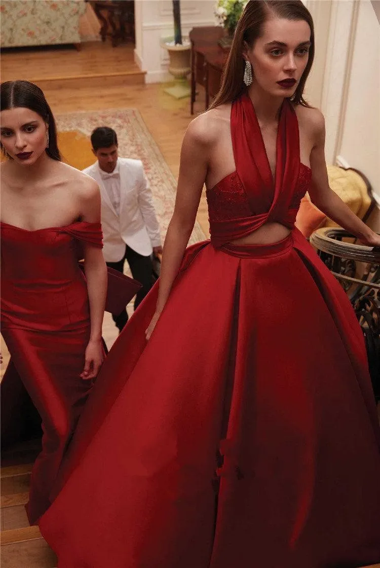 Escuro Elegante Sexy Red Satin vestido de baile Vestidos de baile Halter Neck plissados ​​tornozelo comprimento vestido de noite longo formais vestidos de festa vestidos vestido túnica