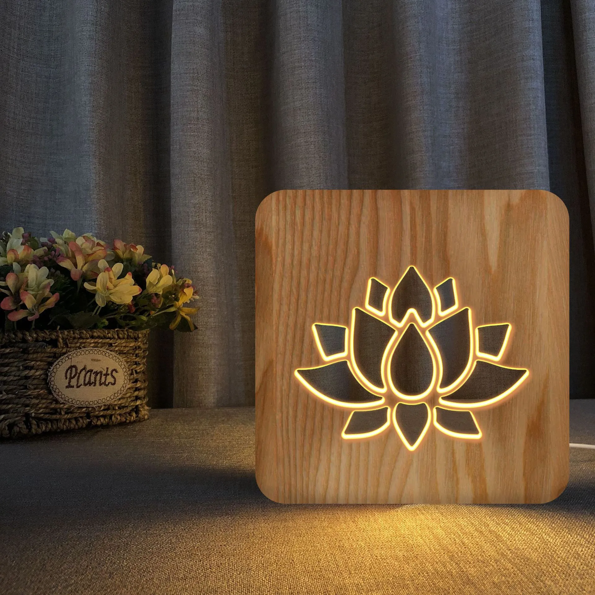 Лотос LED Night Light Solid Wood Carving Wooden Art Вырез Настольной лампы для спальни Прикроватных Декоративных ламп