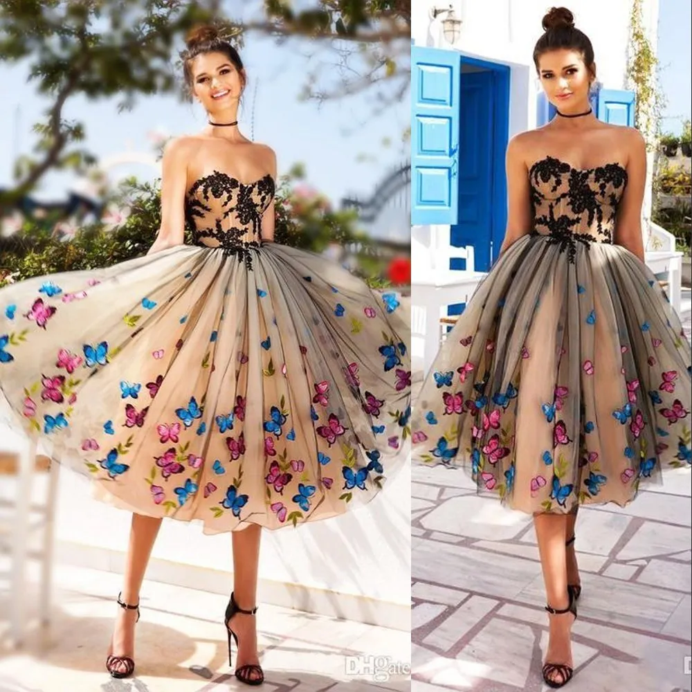 Nieuwe korte puffy prom dresses kant applique met kleurrijke vlinder mouwloze plus size thee lengte Midden-Oosten Party Avondjurken slijtage