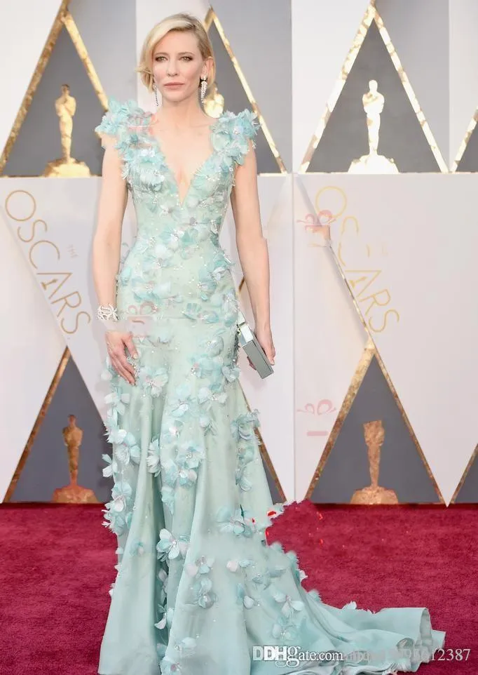 Luxe 2019 Nouveaux Oscars Cate Blanchett Celebrity Tapis Rouge Robes Profonde Col En V Balayage Train Plumes Fleurs Robes De Soirée Longue 360