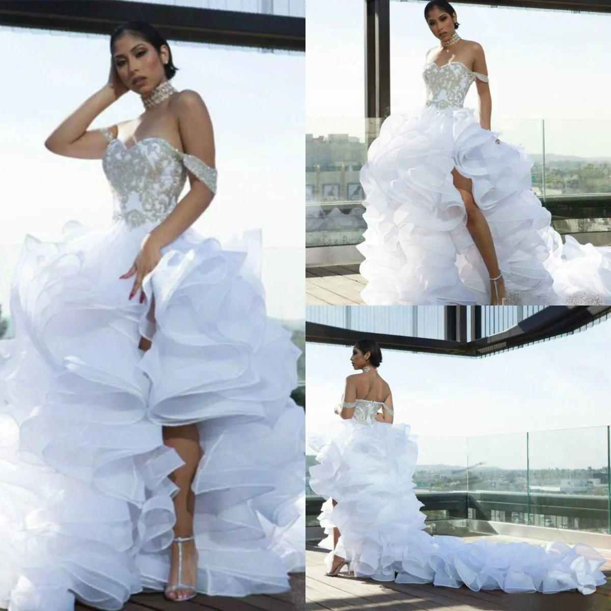 Sexy Coxa Alta Réguas Vestidos de Casamento 2019 Fora Do Ombro Frisado Em Camadas Babados Organza Vestido De Casamento De Praia Custom Made Vestidos De Noiva Barato