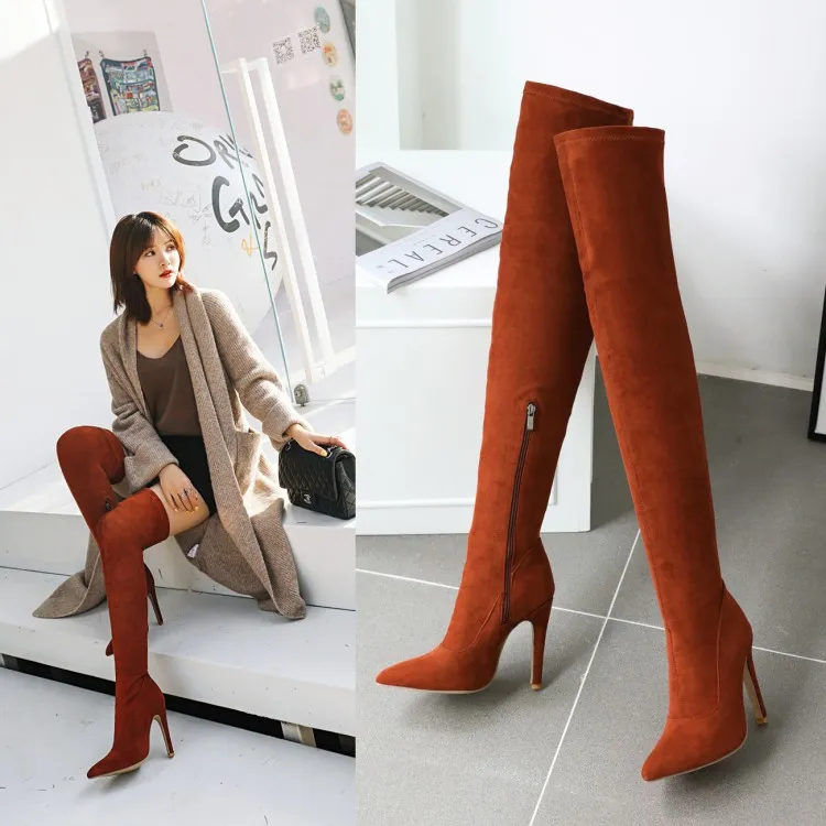 Vente chaude-Plus taille 32 à 42 à 48 daim synthétique rouge talon haut pointu sur le genou cuissardes orange noir 11cm