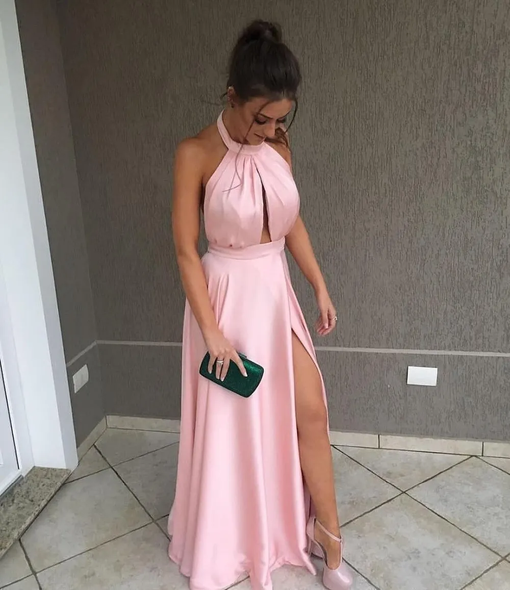 Eenvoudig een lijn prom dress lange halter sexy backless hoge spleet formele vrouwen avondjurken goedkope aangepaste satijnen speciale feestjurken