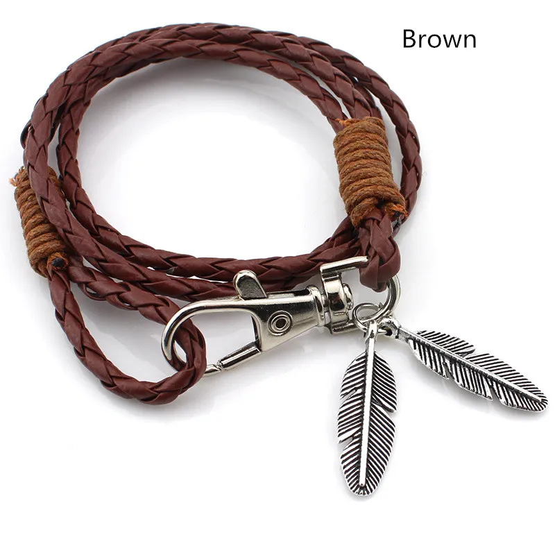 Bracelets rétro en cuir PU avec serrure à plumes, corde tressée multicouche, bijoux pour femmes et hommes
