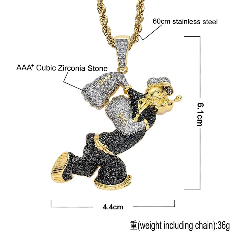 Hip Hop Micro pavé noir blanc CZ pierre Bling glacé personnage de dessin animé Popeye pendentifs collier pour hommes rappeur bijoux 2214