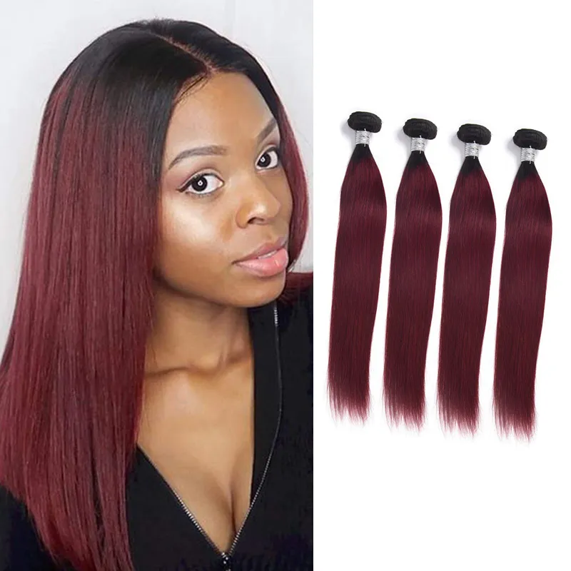 Peruanskt mänskligt hår 4 buntar 1b / 99j Ombre Virgin Hair Extensions raka två toner Färg 4 stycken / Parti 1B 99J