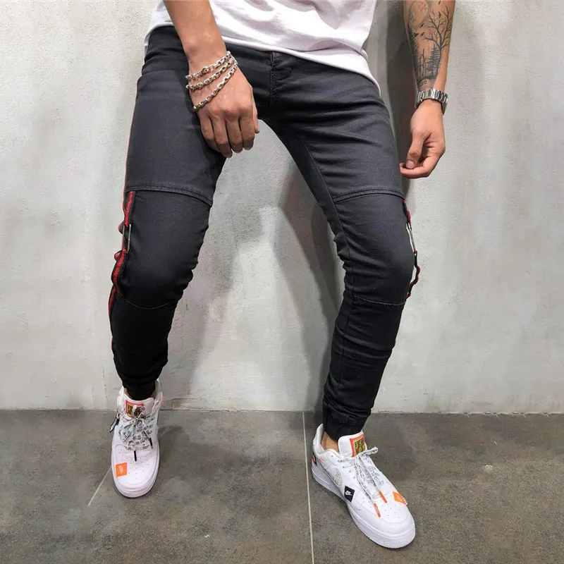 Men's Jeans Skinny Men Red Stripe Mens Biker Denim Super Spray Black Pockets Rubber Band Of Calf318O