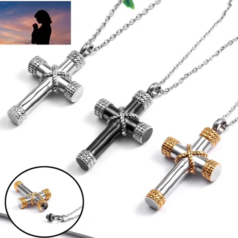 3 pcs / lotes de aço titânio aço aberta frasco de perfume corda cross pingente colar de pet urna caixa para homens e mulheres acessórios T-65