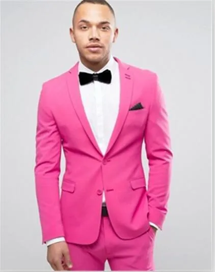 Hot Pink Groom Tuxedos Två knapp Män Bröllop Tuxedos Notch Lapel Jacka Blazer Populära Män Middag / Darty Suit (Jacka + Byxor + Tie) 185