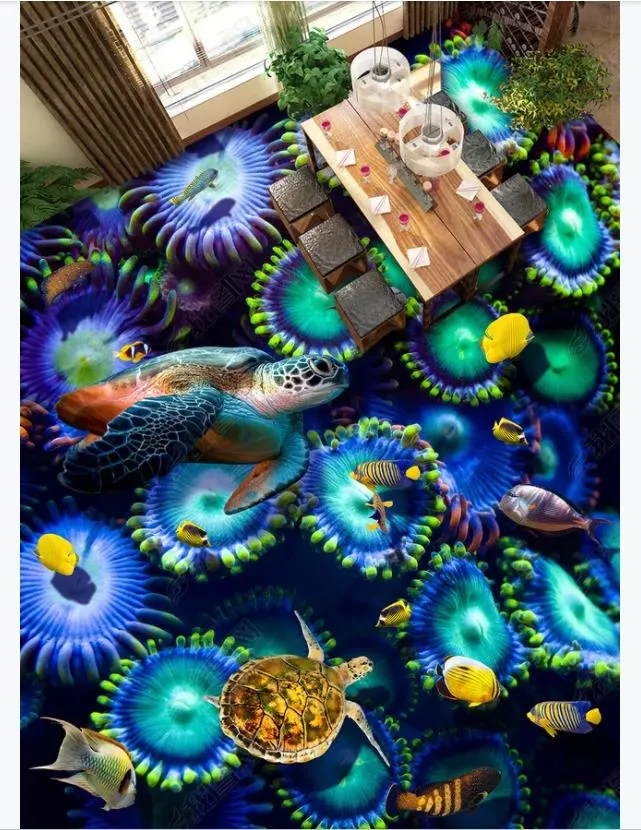 3D kundenspezifische PVC selbstklebende Wandbild Tapete Boden Malerei Unterwasser Welt Meer Turtle Wasserpflanzen 3D Badezimmer Wasserdichter Boden
