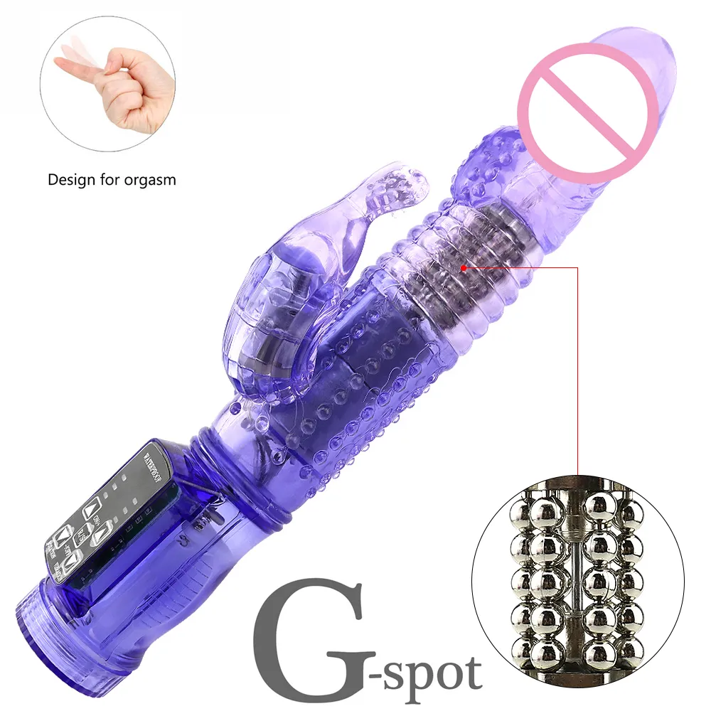 Coelho Vibrador, Realista Dildo Penis Vibrador Clitóris Estimulante Massager Transparente Girando Grânulos Feminino Sexo Brinquedos Para As Mulheres Y191017