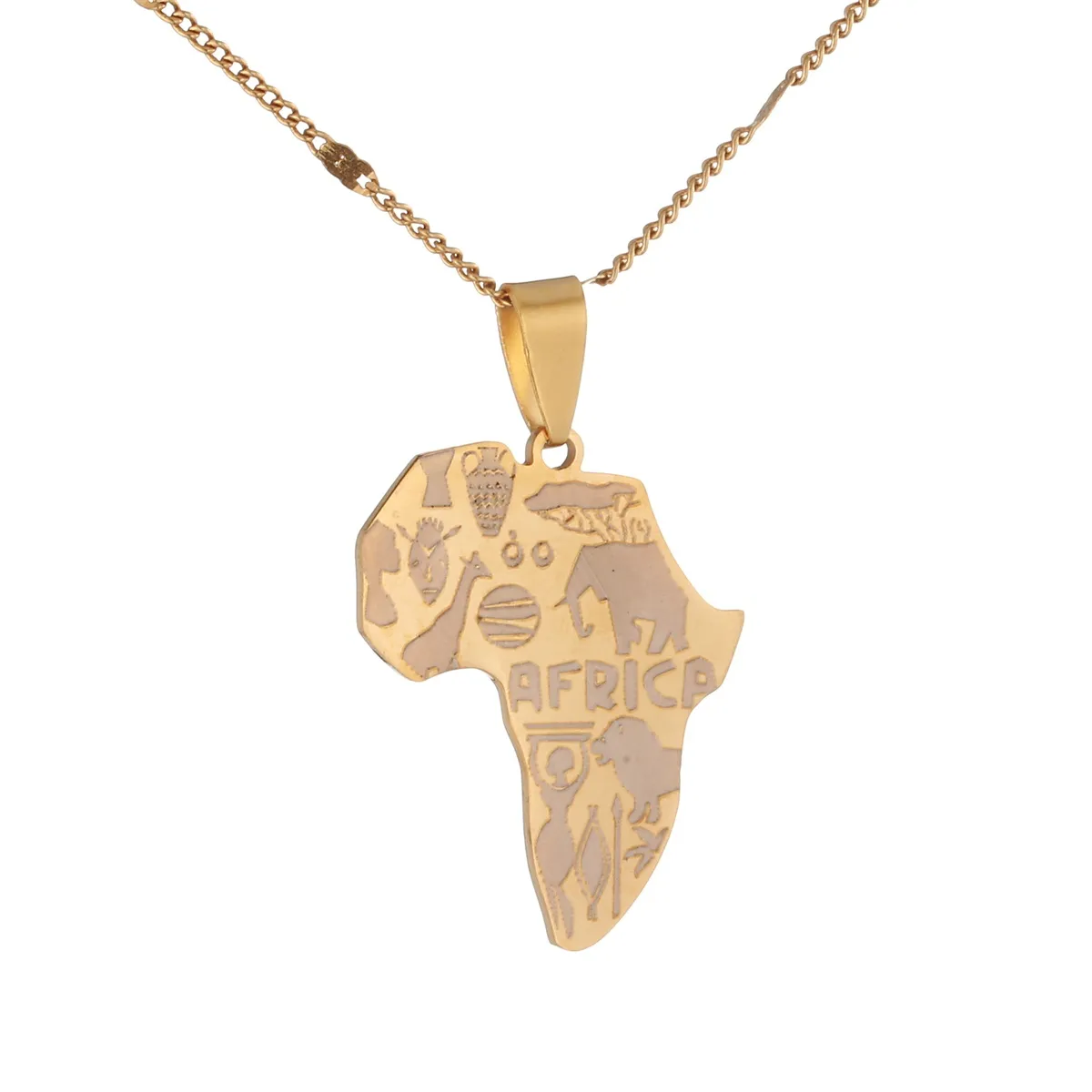 Stainless Steel Africa Map Pendant Necklaces Trendy Jewelry Map of African Elephants Lions Giraffes for Women