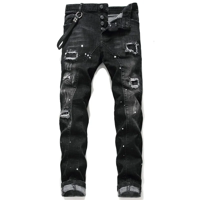 Unik MENS ENDRESSED RIPPAD BLÅ SKINLA JEANS Fashion Designer Slim Fit Washed Motocycle Denim Pants Panel Paneled Hip Hop Biker Byxor 1046