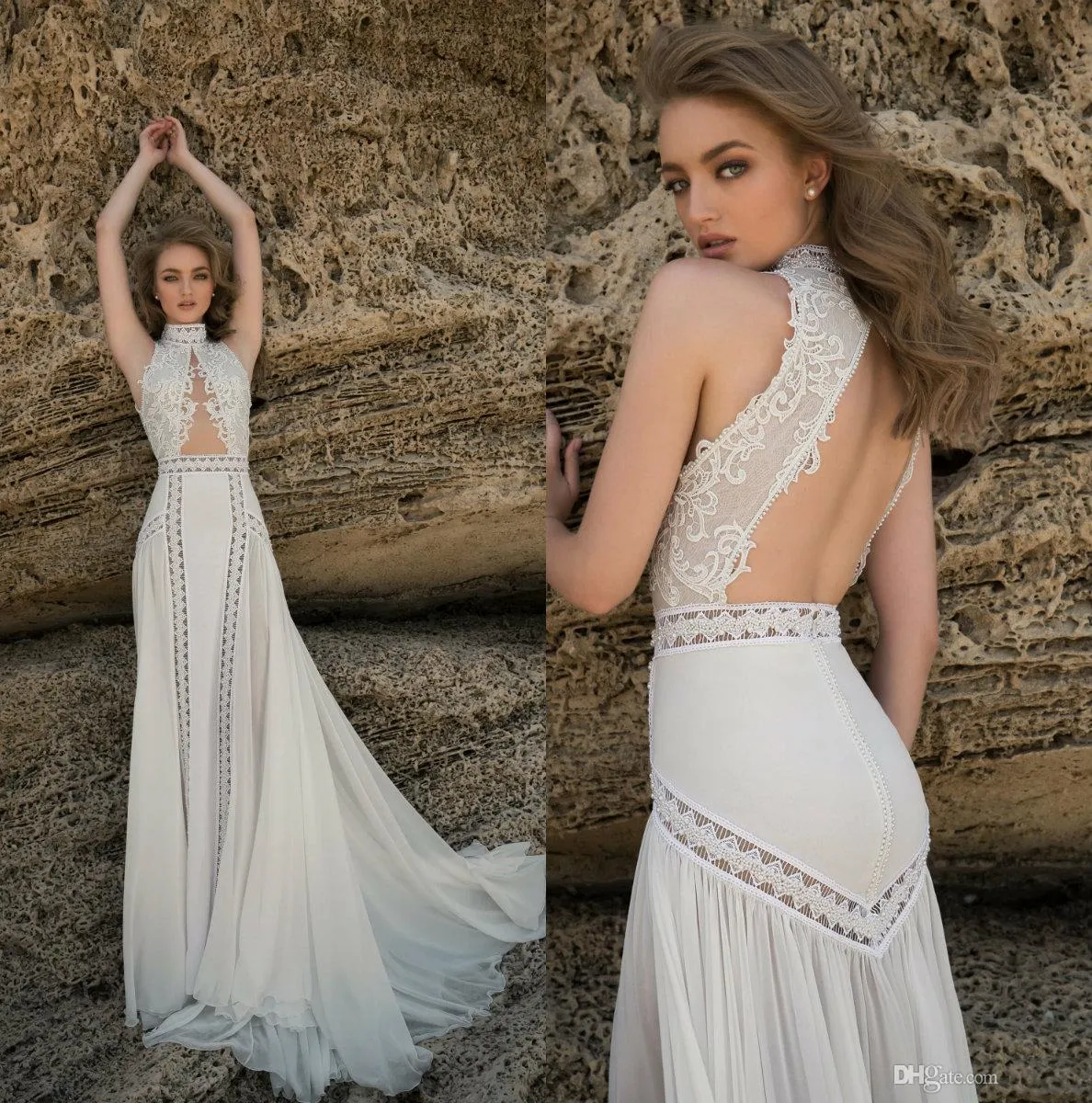 Vino High Julie Sukienki szyi bohemia seksowna koronkowa aplikacja ślubna suknia ślubna na plaży