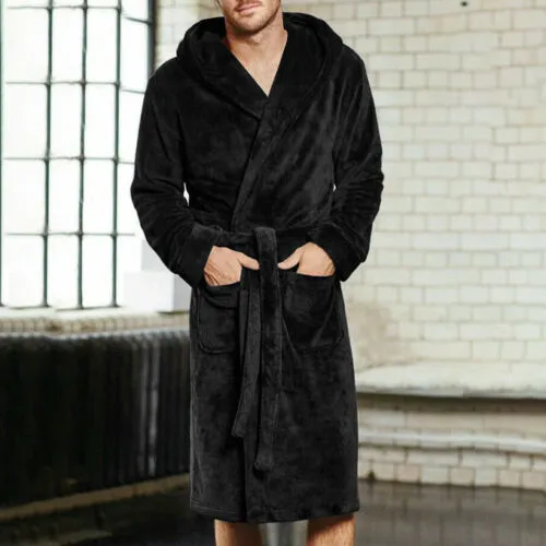 Peignoir long en polaire pour homme Peignoir col châle en polaire Robe de spa Kimono Pyjama Noir Bleu Gris