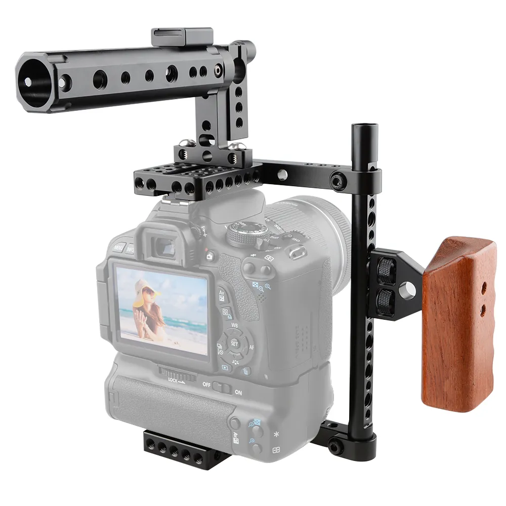 Freeshipping DSLR Camera Cage Protector Camera Stabilizer Topphandtag Trä Grip för Canon 600d 70d 80d, GH5