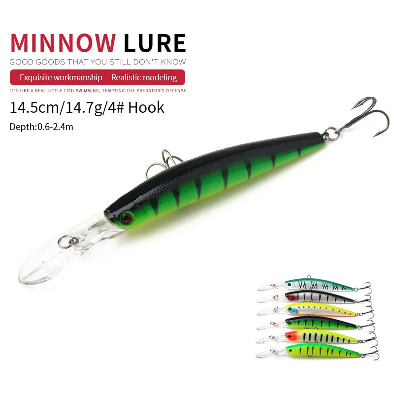 Hengjia 6pcs / parti 14.5cm 14.7g Ny Minnow Fiske Lure Saltvatten Fiske Bass Deep Diver Floating Artificial Fiske Wobbler Tackle