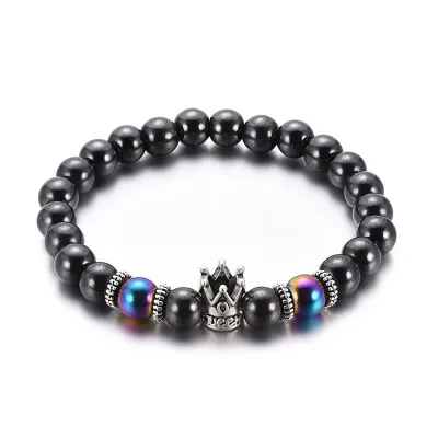 CRWON Magnetic Hematite Pulseira Strand Antiga Prata Rainha Coroa Braceletes Preto Beads Para Homens Mulheres Moda Jóias