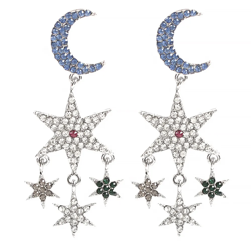 Hurtownia Moda Luksusowy Projektant przesadzony Laskling Diamond Rhinestone Cute Lovely Moon Gwiazda Długie Tassel Stadniny Kolczyki dla kobiet dziewczyn